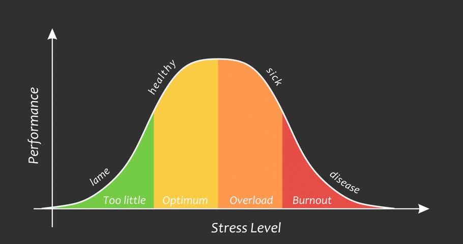 Stress curve level and performance. Influence of overwork on efficiency. Scales of cause and effect.