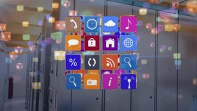 Animation of media icons over server room. Social media, technology and digital interface concept digitally generated video. - Powered by Shutterstock - Get 15% off with code: PIKWIZARD15