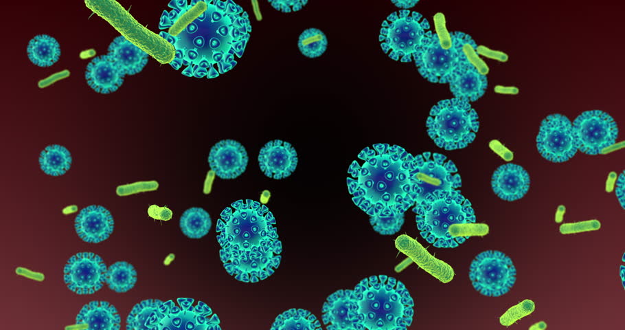 Medical, bacteria and microscopic virus cells for science research with germs, dna and microbiome. Genes, rna and abstract and fungi organism particles for immune system study with antigen innovation