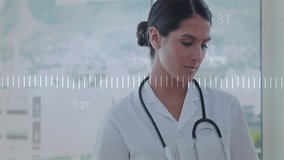 Animation of data processing over biracial female doctor using tablet in hospital. Global medicine, healthcare, computing and digital interface concept digitally generated video. - Powered by Shutterstock - Get 15% off with code: PIKWIZARD15