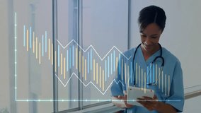 Animation of data processing over african american female doctor using tablet in hospital. Global medicine, healthcare, computing and digital interface concept digitally generated video. - Powered by Shutterstock - Get 15% off with code: PIKWIZARD15