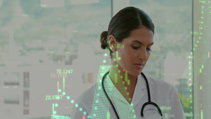 Animation of data processing over biracial female doctor using tablet in hospital. Global medicine, healthcare, computing and digital interface concept digitally generated video. - Powered by Shutterstock - Get 15% off with code: PIKWIZARD15