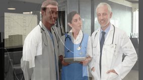 Animation of data processing over diverse doctors discussing work in hospital. Global medicine, healthcare, computing and digital interface concept digitally generated video. - Powered by Shutterstock - Get 15% off with code: PIKWIZARD15