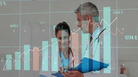 Animation of data processing over diverse doctors discussing work in hospital. Global medicine, healthcare, computing and digital interface concept digitally generated video. - Powered by Shutterstock - Get 15% off with code: PIKWIZARD15