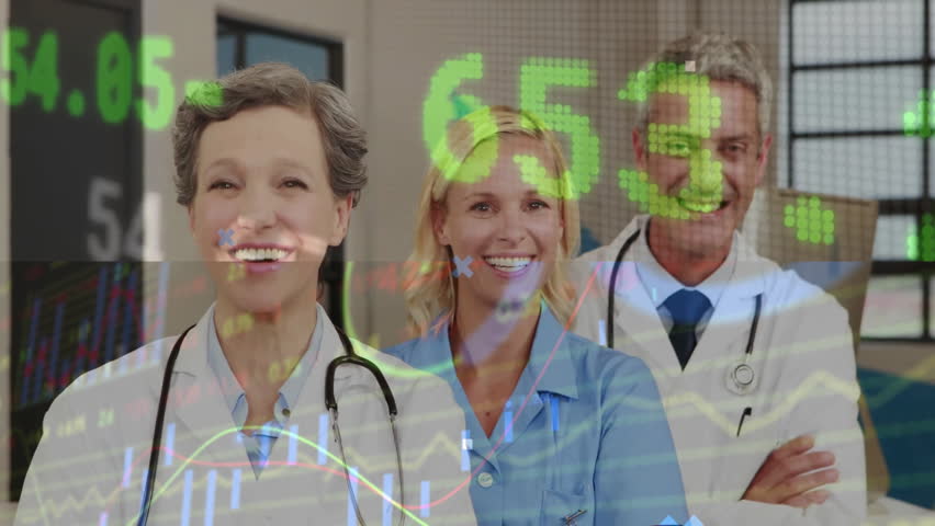 Animation of data processing over diverse doctors in hospital. Global medicine, healthcare, computing and digital interface concept digitally generated video. - Powered by Shutterstock - Get 15% off with code: PIKWIZARD15