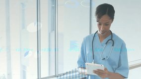 Animation of data processing over african american female doctor using tablet in hospital. Global medicine, healthcare, computing and digital interface concept digitally generated video. - Powered by Shutterstock - Get 15% off with code: PIKWIZARD15