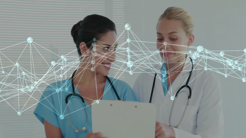 Animation of network of connections over diverse doctors discussing work in hospital. Global medicine, healthcare, computing and digital interface concept digitally generated video. - Powered by Shutterstock - Get 15% off with code: PIKWIZARD15