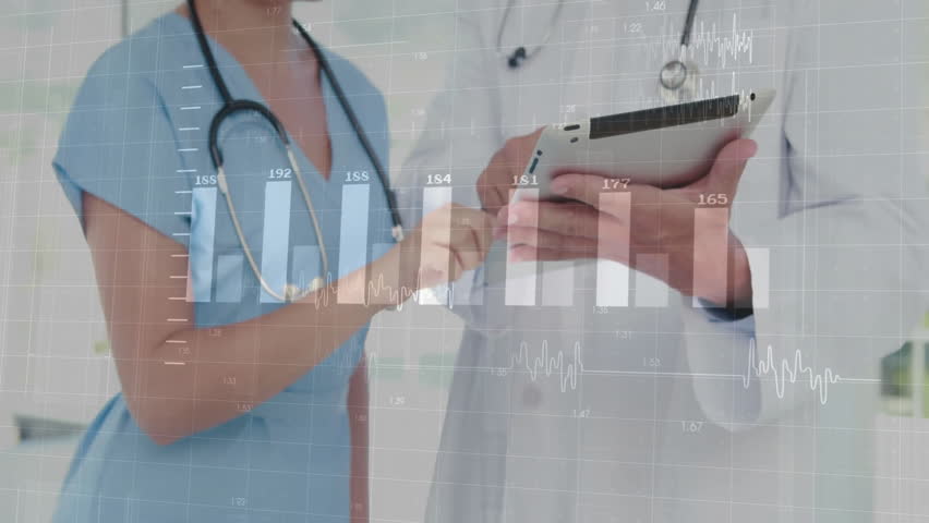 Animation of data processing over diverse doctors discussing work in hospital. Global medicine, healthcare, computing and digital interface concept digitally generated video. - Powered by Shutterstock - Get 15% off with code: PIKWIZARD15