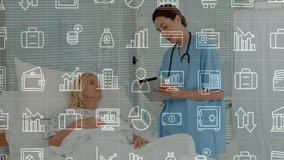 Animation of business icons over caucasian female doctor and patient in hospital. Global medicine, healthcare, computing and digital interface concept digitally generated video. - Powered by Shutterstock - Get 15% off with code: PIKWIZARD15