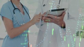 Animation of data processing over diverse doctors discussing work in hospital. Global medicine, healthcare, computing and digital interface concept digitally generated video. - Powered by Shutterstock - Get 15% off with code: PIKWIZARD15
