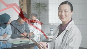Animation of data processing over diverse doctors discussing work in hospital. Global medicine, healthcare, computing and digital interface concept digitally generated video. - Powered by Shutterstock - Get 15% off with code: PIKWIZARD15