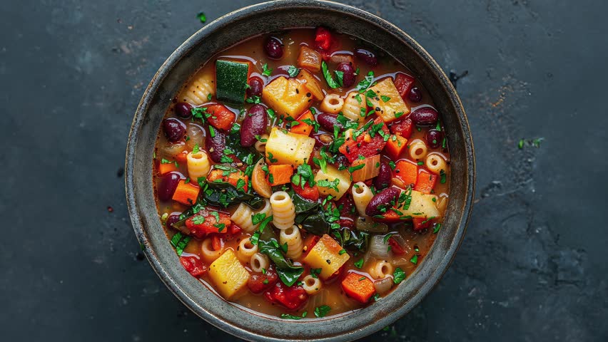 Hearty Vegetable Minestrone Soup in a Rustic Bowl
