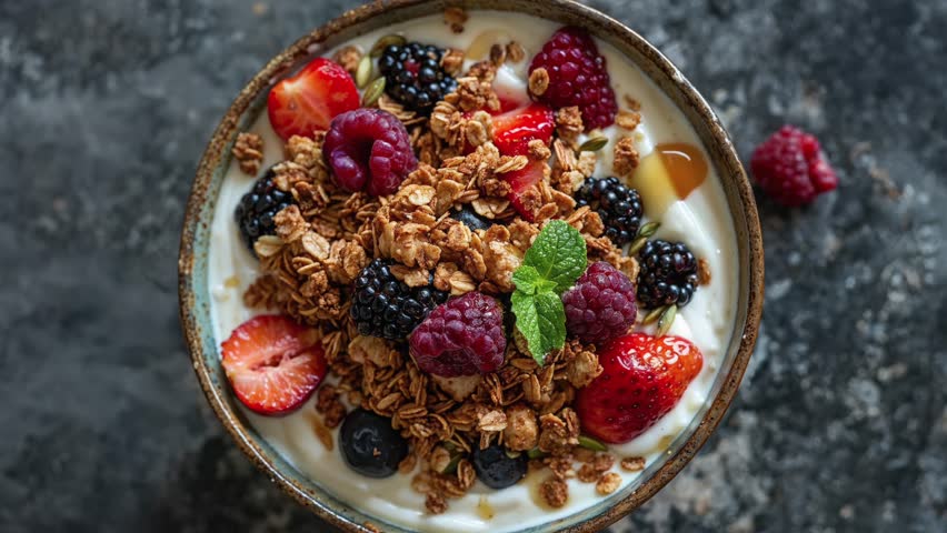 Healthy Granola Bowl With Fresh Berries And Yogurt