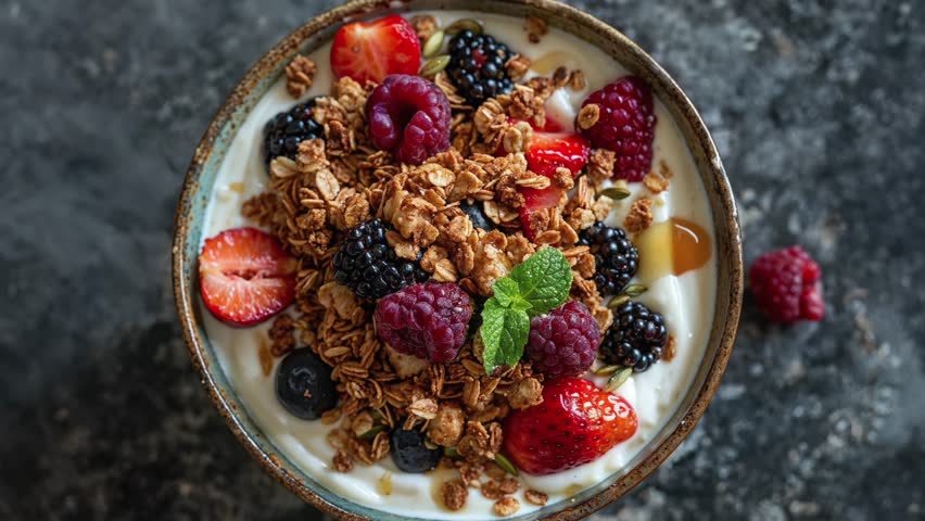 Healthy Granola Bowl With Fresh Berries And Yogurt