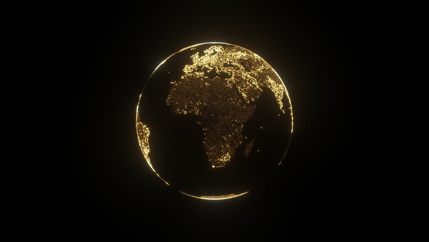 3D animation of rotating golden Earth globe with flickering light on black background , 4K animated news template and intro
