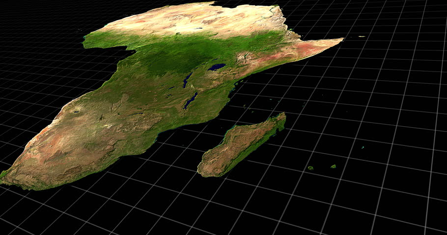 Land, grid and continent or map of Africa on black background, data visualization and environmental study. Geography, world and topography feature for economic layout and cartography for research.