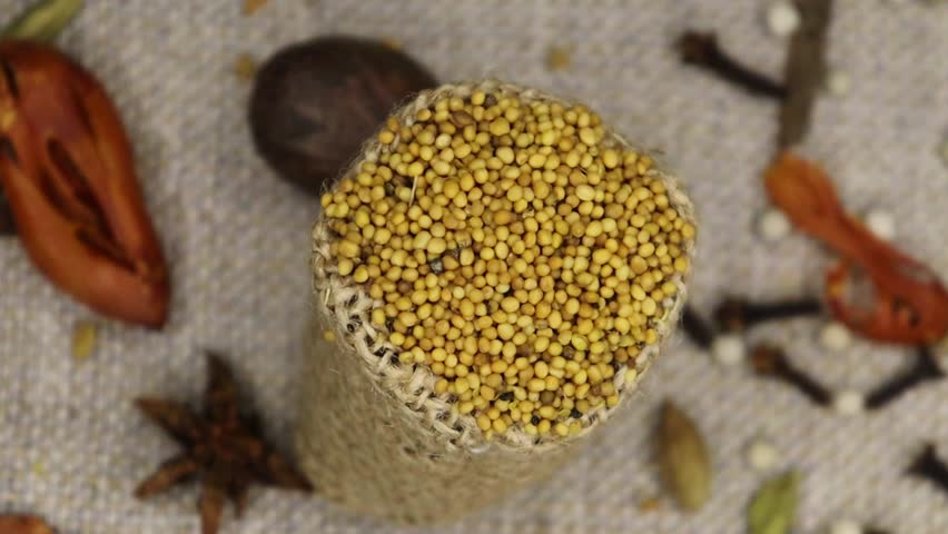 White Mustard Seeds Rotating Background. Macro. Black mustard seed isolated. Semen Brassicae Pile. 