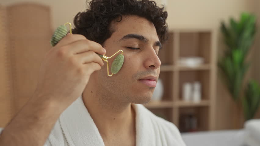 Young hispanic man using a jade roller in a spa room wearing a white robe with his eyes closed enjoying a wellness routine.