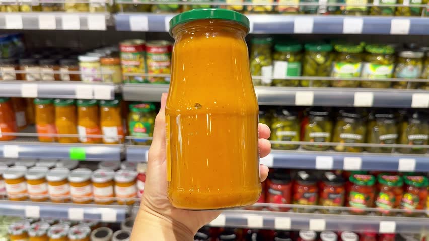 choosing olive oil, sauce, vinegar at the grocery store