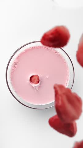 VERTICAL VIDEO POV super slow-motion of tasty strawberries falling into milkshake or yogurt in glass. Organic berries and fresh milk from eco-farm, healthy food and diet nutrition, vegan plant milk