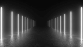 Explore a dark tunnel lined with futuristic neon tube lights glowing in the concrete floor, leading towards a bright light at the end. 4K 3D Animation Loop Futuristic Sci Fi Lines - Powered by Shutterstock - Get 15% off with code: PIKWIZARD15