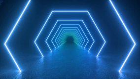 A man is walking through a dark tunnel illuminated by neon tube lights. The tunnel has futuristic sci-fi elements with glowing lines on the concrete floor. 4K 3D Animation Loop Futuristic Sci Fi Lines - Powered by Shutterstock - Get 15% off with code: PIKWIZARD15