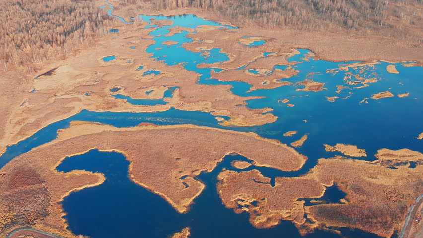 Aerial photography of autumn lake wetlands in Arxan, Inner Mongolia