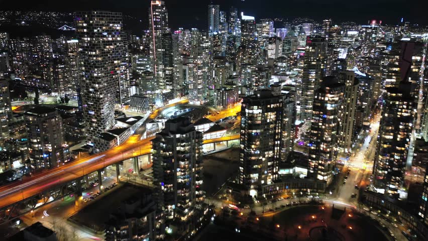 Aerial time-lapse on downtown of Vancouver at night, Canada