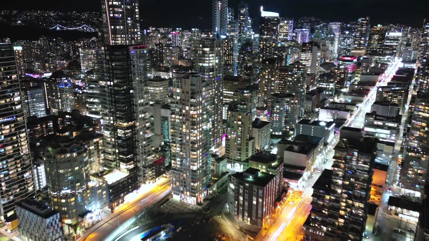 Aerial time-lapse on downtown of Vancouver at night, Canada