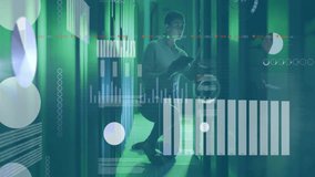 Animation of data processing with icons over caucasian businesswoman using tablet in server room. Global technology, computing and digital interface concept digitally generated video. - Powered by Shutterstock - Get 15% off with code: PIKWIZARD15
