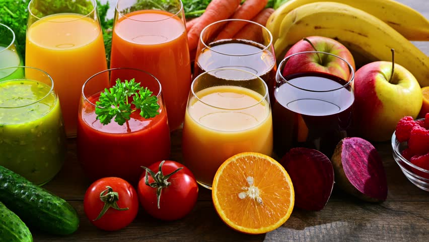 Glasses with fresh organic vegetable and fruit juices. Detox diet