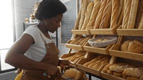 Woman selecting fresh bread in a cozy bakery room indoors with shelves full of various baked goods like baguettes and loaves - Powered by Shutterstock - Get 15% off with code: PIKWIZARD15