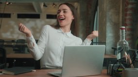 Caucasian businesswoman girl female student employee finish online laptop work end accomplish studying done close notebook relax dance music carefree happy business woman dancing celebrate in office - Powered by Shutterstock - Get 15% off with code: PIKWIZARD15