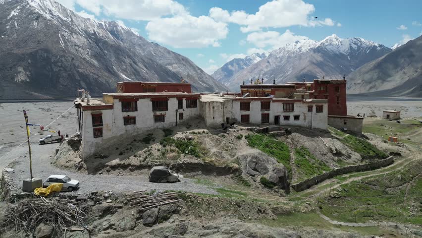 Drone Shot of Rangdum Monastery is a Tibetan Buddhist monastery situated on top of a small but steep sugarloaf hill at an altitude of 4,031 m at the head of the Suru Valle