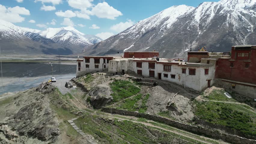 Drone Shot of Rangdum Monastery is a Tibetan Buddhist monastery situated on top of a small but steep sugarloaf hill at an altitude of 4,031 m at the head of the Suru Valle