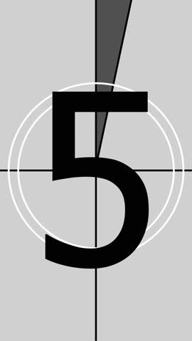 Old movie countdown timer vertical resolution. 5 seconds vintage film countdown on faded grey background. Old retro wipe rolling effect. Black and White, Monochrome Universal Countdown Film Leader.