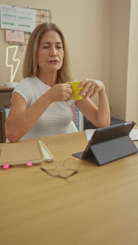 Mature woman with coffee interacting with a tablet in a cozy home office