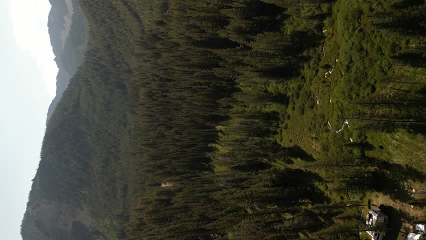 Aerial circling group of RVs camping in Sawtooth mountains near Stanley Idaho in summer next to creek