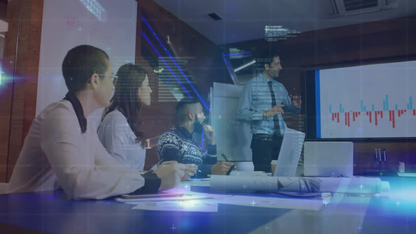 Animation of data processing over diverse business people working in office. Business, technology and digital interface concept digitally generated video.