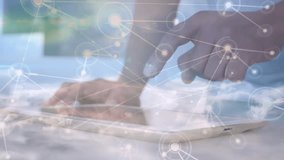 Animation of network of connections over caucasian woman using tablet. Business, technology and digital interface concept digitally generated video. - Powered by Shutterstock - Get 15% off with code: PIKWIZARD15