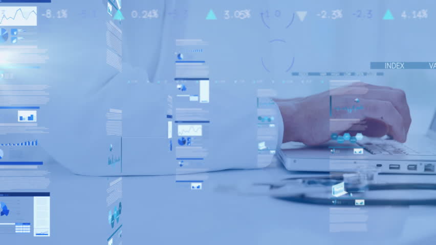 Animation of data processing over caucasian male doctor using laptop. Medicine, technology and digital interface concept digitally generated video.