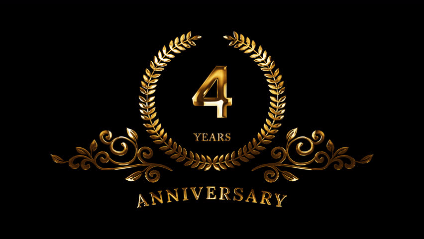 4th Anniversary Celebration. Happy 4 Years Anniversary Animation in Gold Color on the Transparent Background, Alpha Channel. Great for greetings, celebrations, events, and gifts.