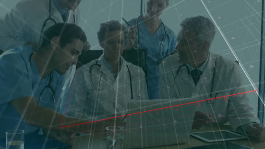 Animation of statistics and data processing over diverse doctors. Global medicine, connections, computing and data processing concept digitally generated video.