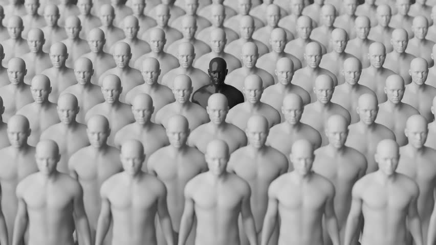Standing Out in Crowd of Identical Figures. Unique and Individual. Black and White. 4K Video