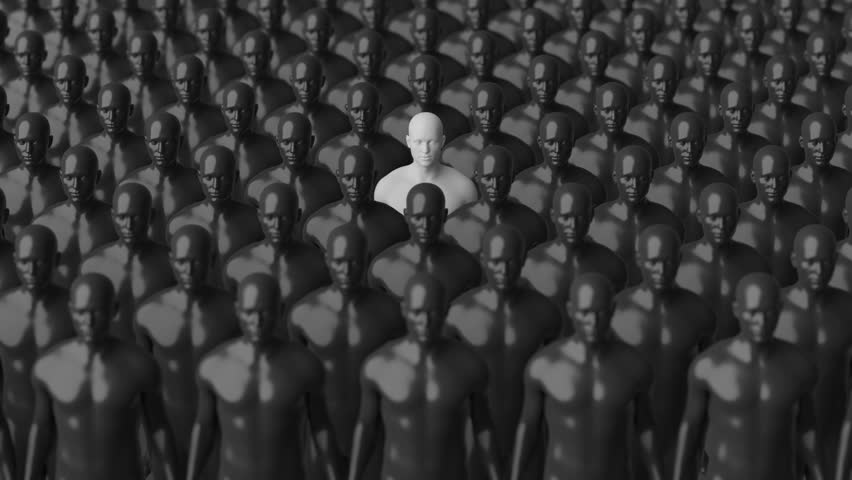 Standing Out in Crowd of Identical Figures. Unique and Individual. Black and White. 4K Video