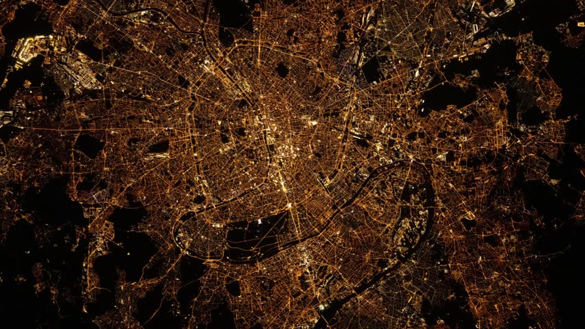 Paris France city night lights flying satellite view, animation based on Nasa images