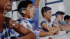 Animation of school items icons over diverse schoolchildren learning in classroom. Education, technology and digital interface concept digitally generated video. - Powered by Shutterstock - Get 15% off with code: PIKWIZARD15