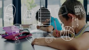 Animation of school items icons over diverse schoolchildren learning in classroom. Education, technology and digital interface concept digitally generated video. - Powered by Shutterstock - Get 15% off with code: PIKWIZARD15