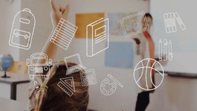 Animation of school items icons over diverse schoolchildren learning with teacher in classroom. Education, technology and digital interface concept digitally generated video. - Powered by Shutterstock - Get 15% off with code: PIKWIZARD15