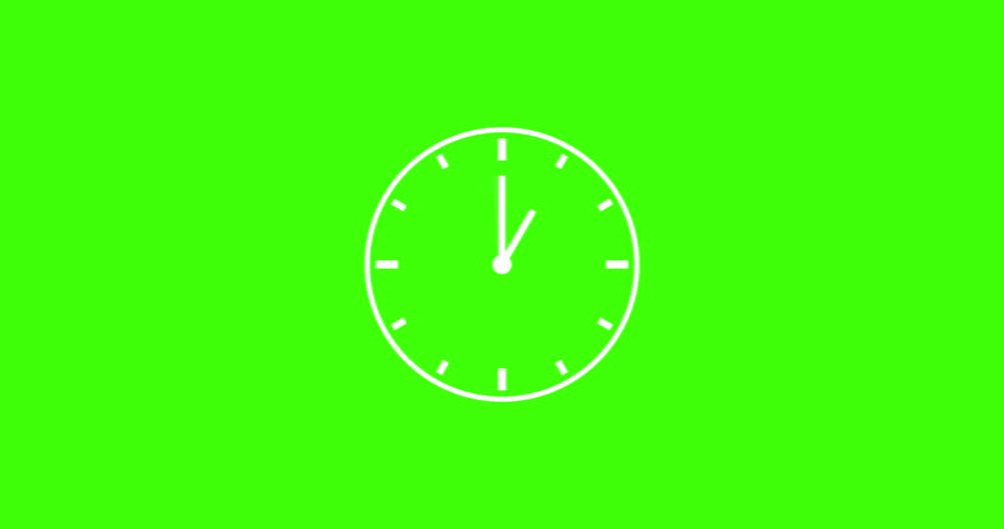 Animation time lapse of a clock. White  clock hands on green clock face. Time pointer ticks in 12 hour time loop. Concept Wall clock on green background with copy space. Countdown the day